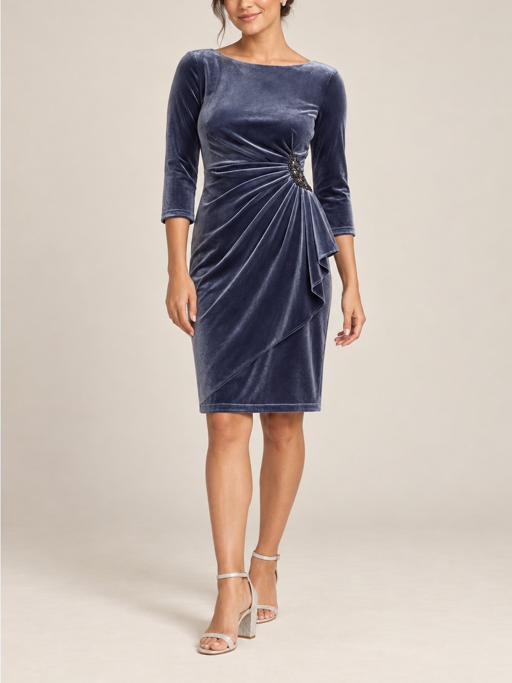 Blue Velvet Cocktail Dress Oleg Cassini 10 Beaded Draped 3/4 Sleeves Wedding NWT
